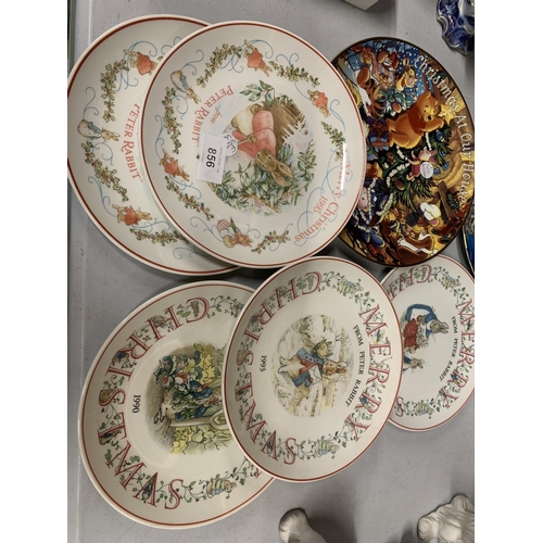 856 - TEN CABINET PLATES TO INCLUDE TWO DISNEY PLATES AND PETER RABBIT CHRISTMAS EDITIONS