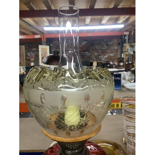 871 - A CONVERTED OIL LAMP WITH BRASS BASE, CRANBERRY GLASS RESERVOIR, GLASS SHAD AND FUNNEL