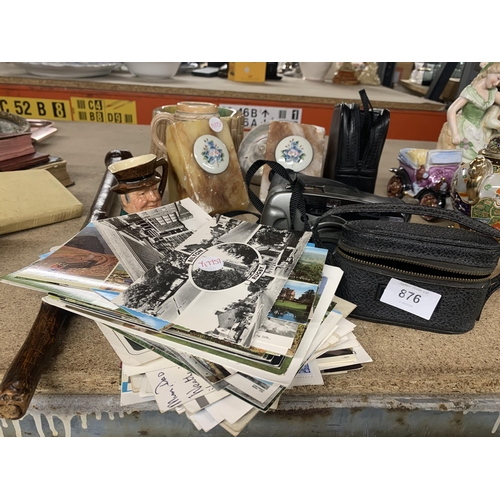 876 - VARIOUS COLLECTABLE ITEMS TO INCLUDE BINOCULARS, CAMERAS, POSTCARDS, STEIN, BOOKENDS ETC