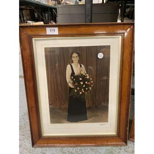 879 - TWO WOODEN FRAMED VINTAGE SEPIA PHOTOGRAPHS WITH A TOUCH OF COLOUR