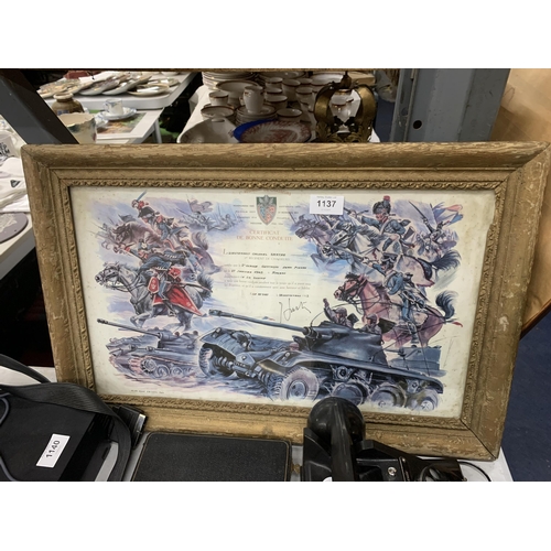 1137 - A FRAMED FRENCH LEGION CITATION 58CM X 38CM