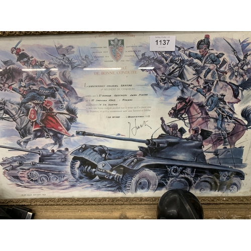 1137 - A FRAMED FRENCH LEGION CITATION 58CM X 38CM