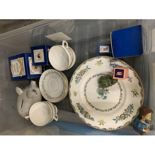 756 - TWO BOXES OF CERAMICS TO INCLUDE CARLTON WARELEAF DISHES, MINTONS, ETC