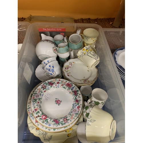 777 - TWO BOXES OF ASSORTED DINNERWARE TO INCLUDE CROWN STAFFORDSHIRE, BURLEIGHWARE, ETC