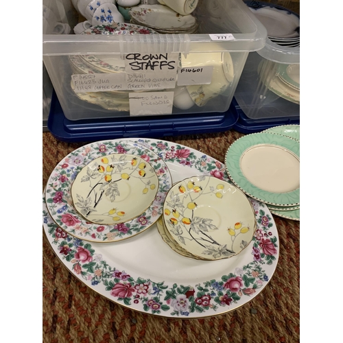 777 - TWO BOXES OF ASSORTED DINNERWARE TO INCLUDE CROWN STAFFORDSHIRE, BURLEIGHWARE, ETC