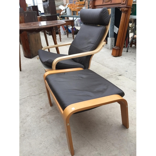 2816 - AN IKEA BENTWOOD FIRESIDE CHAIR AND
STOOL, BROWN LEATHER  I.D. NO.14080