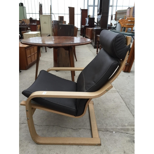 2816 - AN IKEA BENTWOOD FIRESIDE CHAIR AND
STOOL, BROWN LEATHER  I.D. NO.14080