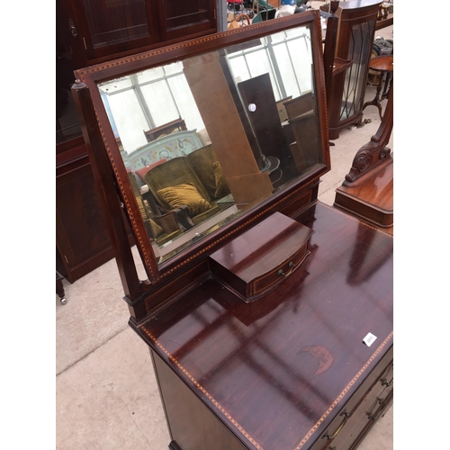 2840 - AN EDWARDIAN MAHOGANY AND INLAID DRESSING CHEST WITH THREE DRAWERS, ON BRACKET FEET, 33