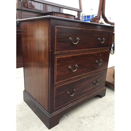 2840 - AN EDWARDIAN MAHOGANY AND INLAID DRESSING CHEST WITH THREE DRAWERS, ON BRACKET FEET, 33