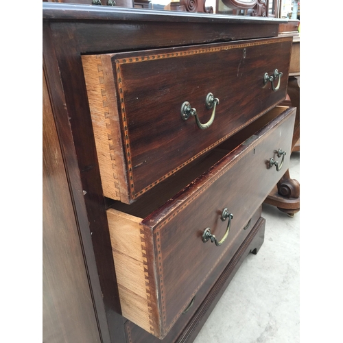 2840 - AN EDWARDIAN MAHOGANY AND INLAID DRESSING CHEST WITH THREE DRAWERS, ON BRACKET FEET, 33