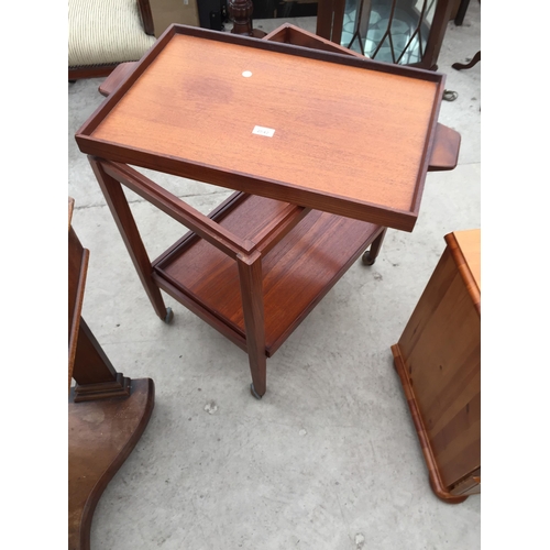 2842 - A RETRO TEAK TWO TIER TROLLEY WITH DETACHABLE TRAYS, 28X16