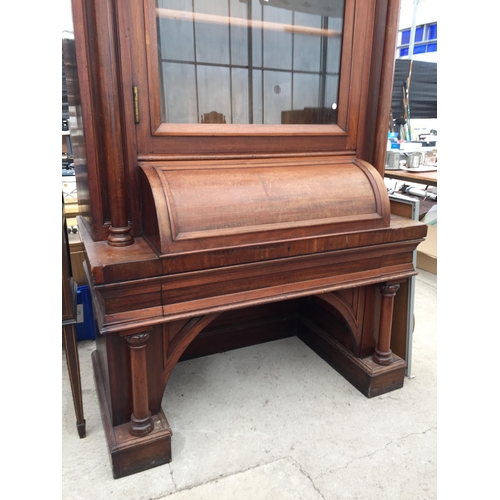 2850 - A VICTORIAN MAHOGANY CYLINDER BUREAU BOOKCASE WITH SINGLE ARCHED GLAZED UPPER PORTION, THE BASE ENCL... 