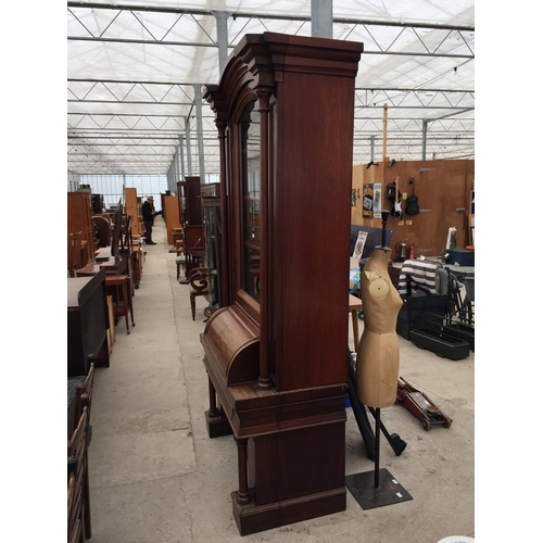 2850 - A VICTORIAN MAHOGANY CYLINDER BUREAU BOOKCASE WITH SINGLE ARCHED GLAZED UPPER PORTION, THE BASE ENCL... 