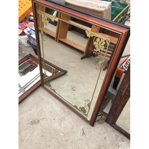 2864 - A PINE FRAMED WALL MIRROR AND THREE OTHER MIRRORS