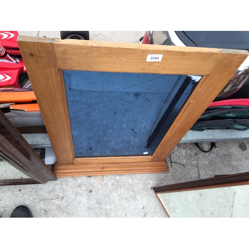 2864 - A PINE FRAMED WALL MIRROR AND THREE OTHER MIRRORS