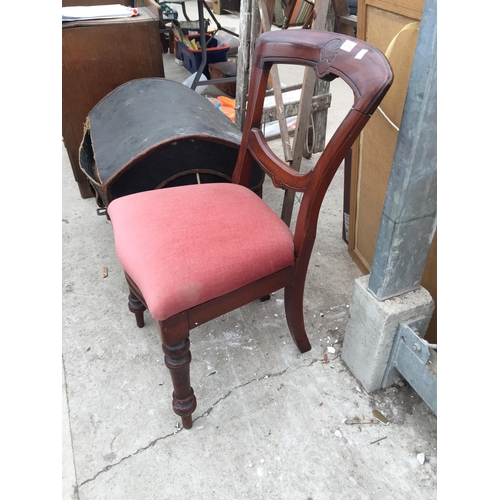 2876 - A MAHOGANY VICTORIAN DINING CHAIR AND DOMED TOP TRUNK