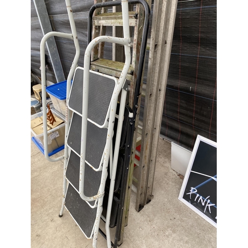 2039 - AN ABRU EXTENDABLE LADDER, A SIX RUNG ALUMINIUM STEP LADDER AND TWO FURTHER STEP LADDERS