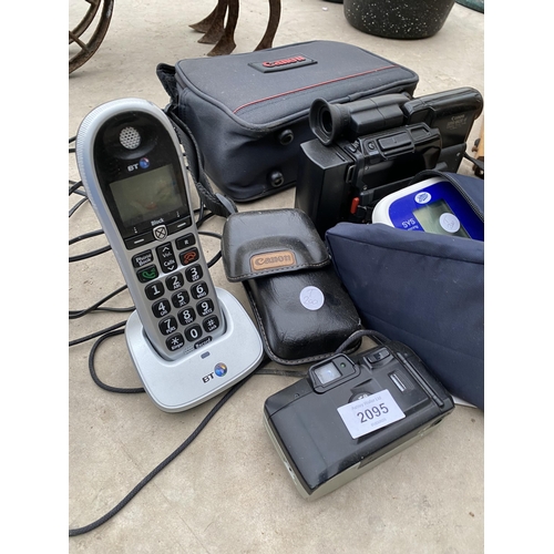 2095 - AN ASSORTMENT OF ITEMS TO INCLUDE CAMERAS, PHONE, A CAMCORDER ETC