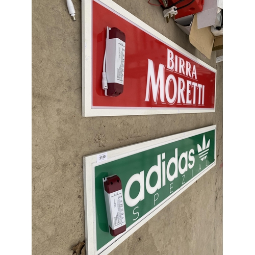 2130 - AN ADDIDAS ILLUMINATED SIGN AND A BIRRA MORETTI ILLUMINEATED SIGN BOTH WITH LED CONVERTORS BUT NO PL... 