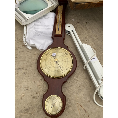 2142 - A WOODEN CASED BAROMETER AND AN ANGLE POISE STYLE MAGNIFIER LAMP