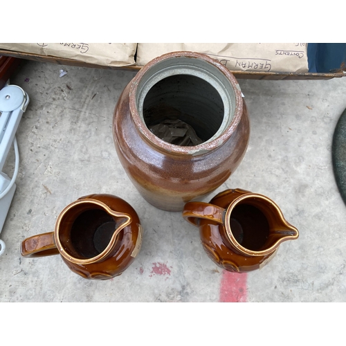 2143 - A STONEWARE POT AND TWO JUGS