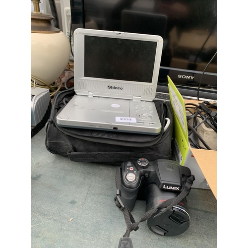 2333 - AN ASSORTMENT OF ITEMS TO INCLUDE A LUMIX CAMERA, A SHINCO PORTABLE DVD PLAYER AND A JVC CAMCORDER E... 