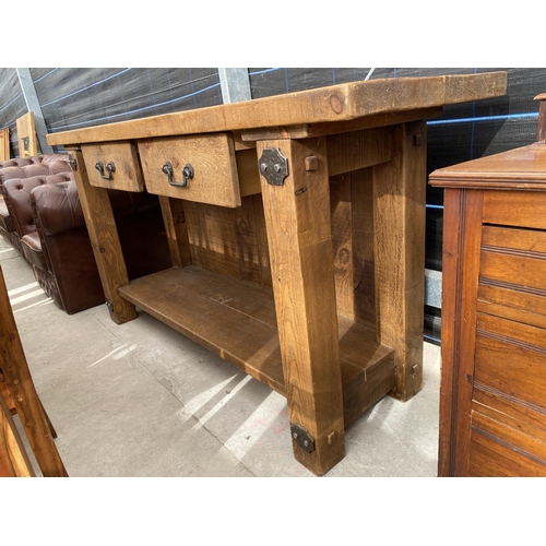 2902 - AN INDUSTRIAL LOOK KITCHEN SIDEBOARD/WORK BENCH WITH TWO DRAWERS AND METALWARE FITTING, 72