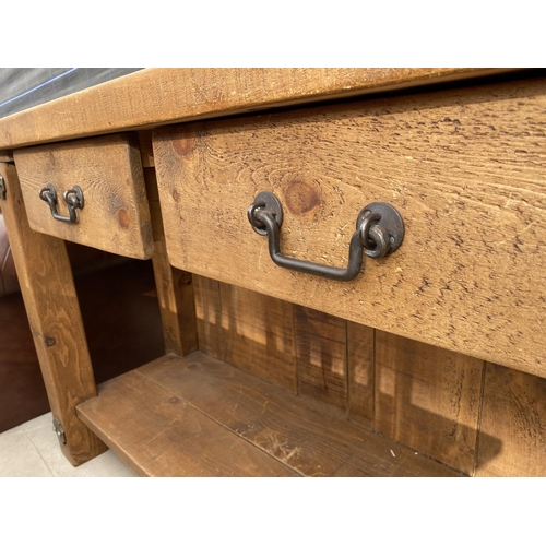 2902 - AN INDUSTRIAL LOOK KITCHEN SIDEBOARD/WORK BENCH WITH TWO DRAWERS AND METALWARE FITTING, 72