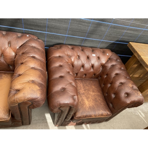 2903 - A BROWN CHESTERFIELD THREE SEATER SETTEE AND MATCHING EASY CHAIR