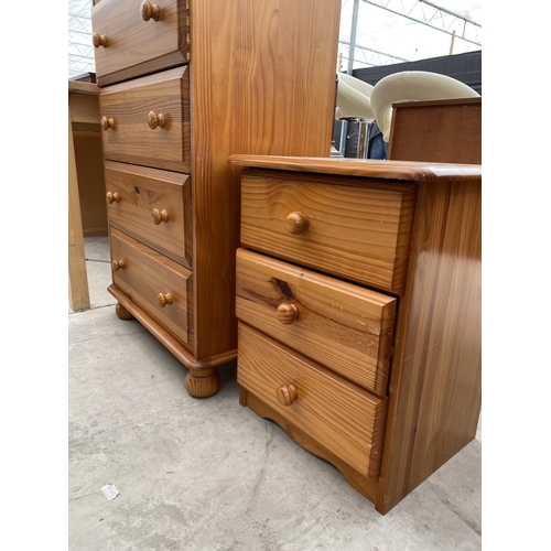 2912 - A MODERN PINE CHEST OF FIVE DRAWERS AND PINE BEDSIDE CHEST