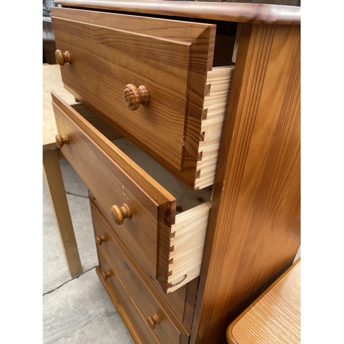 2912 - A MODERN PINE CHEST OF FIVE DRAWERS AND PINE BEDSIDE CHEST