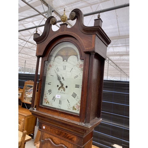 2957 - A 19TH CENTURY OAK CROSSBANDED AND SHELL INLAY 8 DAY LONGCASE CLOCK WITH PAINTED DIAL AND ROLLING MO... 