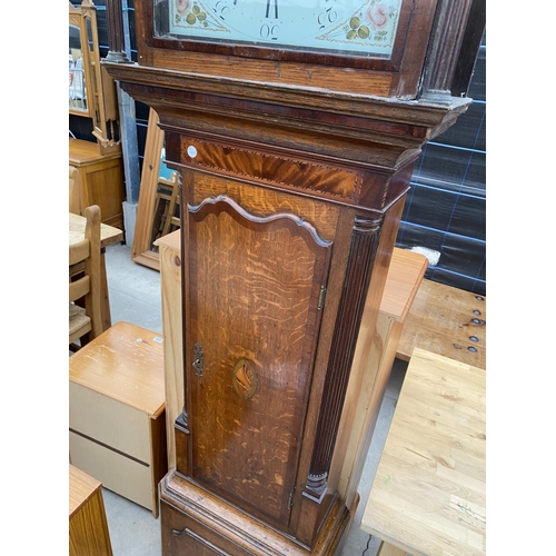 2957 - A 19TH CENTURY OAK CROSSBANDED AND SHELL INLAY 8 DAY LONGCASE CLOCK WITH PAINTED DIAL AND ROLLING MO... 