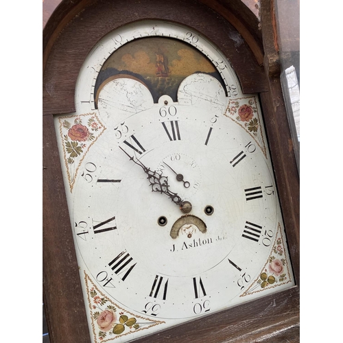 2957 - A 19TH CENTURY OAK CROSSBANDED AND SHELL INLAY 8 DAY LONGCASE CLOCK WITH PAINTED DIAL AND ROLLING MO... 