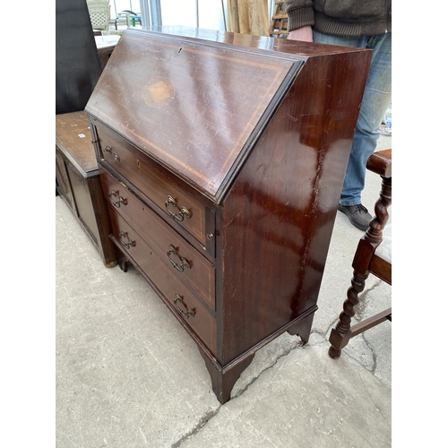 2963 - AN EDWARDIAN MAHOGANY AND SHELL INLAID BUREAU 30 INCH WIDE