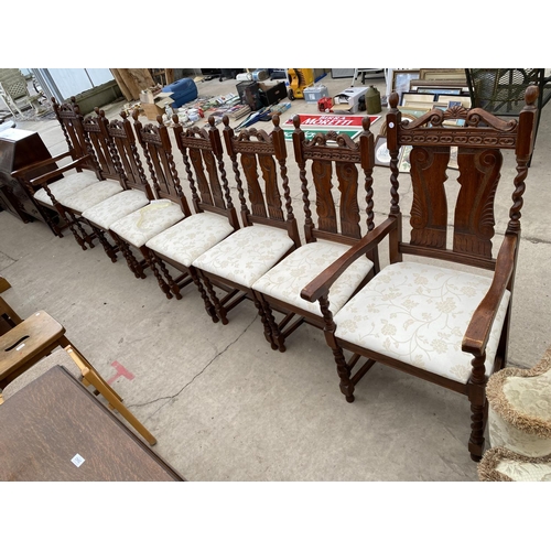 2964 - A SET OF 8 OAK JACOBEAN BARLEY-TWIST DINING CHAIRS, 2 BEING CARVERS