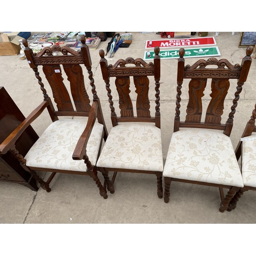 2964 - A SET OF 8 OAK JACOBEAN BARLEY-TWIST DINING CHAIRS, 2 BEING CARVERS