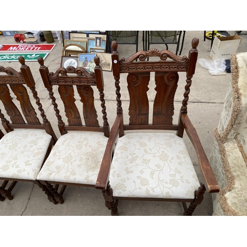 2964 - A SET OF 8 OAK JACOBEAN BARLEY-TWIST DINING CHAIRS, 2 BEING CARVERS