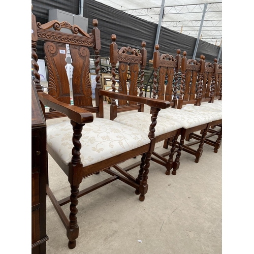 2964 - A SET OF 8 OAK JACOBEAN BARLEY-TWIST DINING CHAIRS, 2 BEING CARVERS