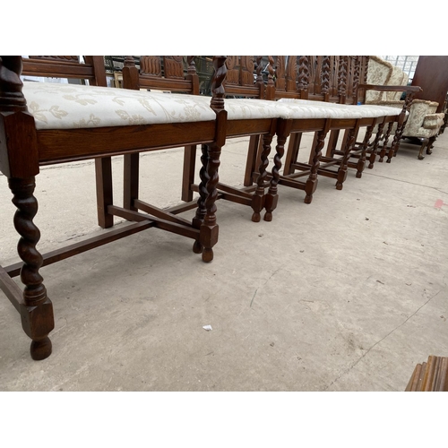 2964 - A SET OF 8 OAK JACOBEAN BARLEY-TWIST DINING CHAIRS, 2 BEING CARVERS