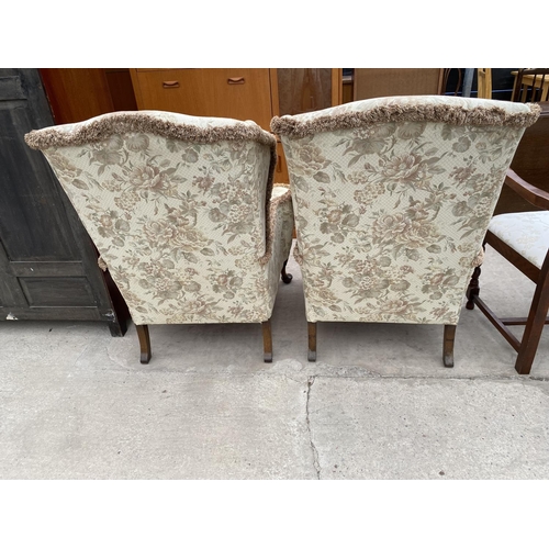 2965 - A PAIR OF GEORGE III STYLE WING BACK LOUNGE CHAIRS ON CABRIOLE LEGS