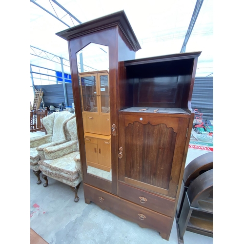 2966 - A MAHOGANY ART NOUVEAU INFLUENCE MIRROR DOOR COMBINATION WARDROBE 45 INCH WIDE