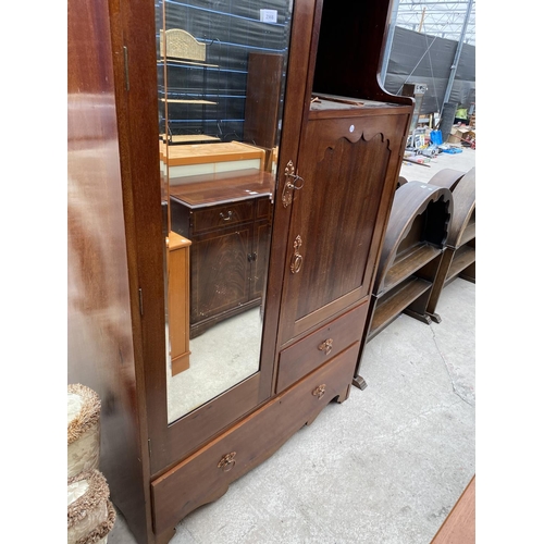 2966 - A MAHOGANY ART NOUVEAU INFLUENCE MIRROR DOOR COMBINATION WARDROBE 45 INCH WIDE