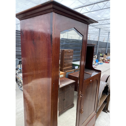 2966 - A MAHOGANY ART NOUVEAU INFLUENCE MIRROR DOOR COMBINATION WARDROBE 45 INCH WIDE