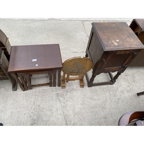 2968 - A NEST OF 3 TABLES, A HARDWOOD ORIENTAL STYLE FOLDING TABLE AND AN OAK BEDSIDE LOCKER