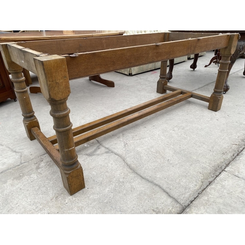 2974 - AN OAK REFECTORY TABLE BASE ON TURNED LEGS 67.5 INCH X 31.5 INCH