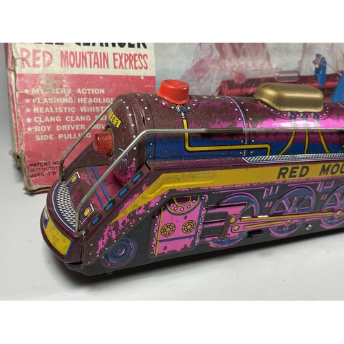 305 - A BOXED BATTERY OPERATED TIN RED MOUNTAIN EXPRESS BELL CLANGER TRAIN