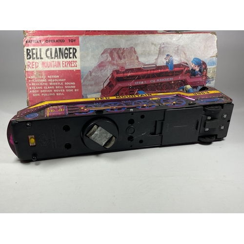 305 - A BOXED BATTERY OPERATED TIN RED MOUNTAIN EXPRESS BELL CLANGER TRAIN