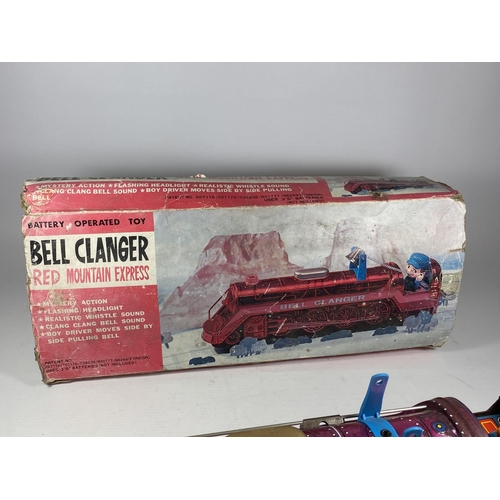 305 - A BOXED BATTERY OPERATED TIN RED MOUNTAIN EXPRESS BELL CLANGER TRAIN