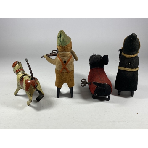 306 - FOUR VINTAGE WIND UP FIGURES TO INCLUDE THREE SCHUCO - THE DRINKING MONK, THE DUTCHMAN WITH THE VIOL... 